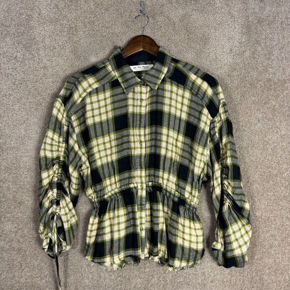 Free People Pacific Dawn Shirt Women's Size XS Black Combo‎ Plaid Ruched-Sleeve - Picture 2 of 13
